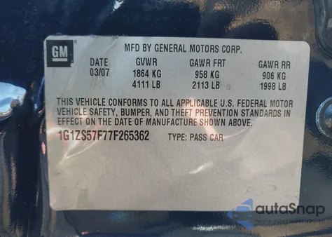 2007 Chevrolet Malibu Ls z USA, uszkodzony, nr VIN 1G1ZS57F77F265362